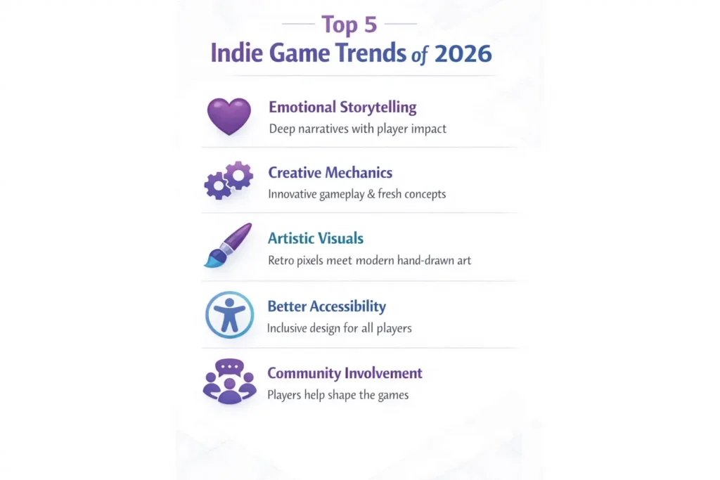 Infographic: Top 5 indie game trends of 2026 - emotional storytelling, creative mechanics, artistic visuals, accessibility, and community