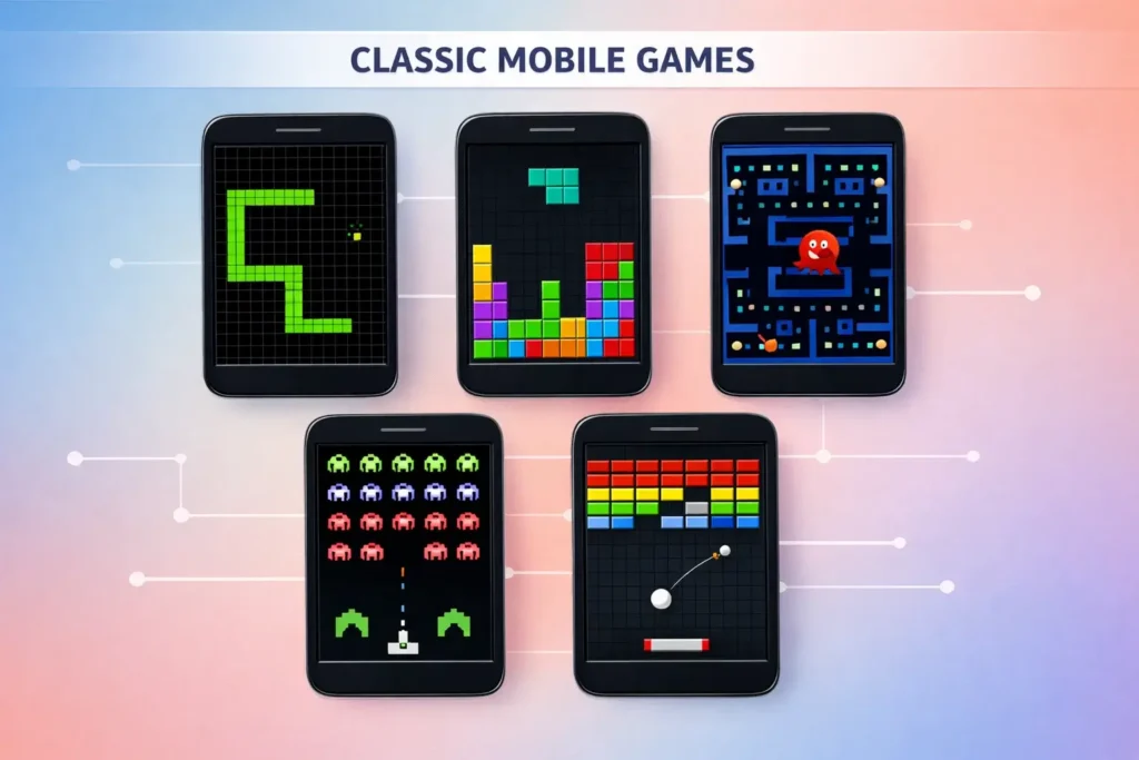 Collage of classic flip phone games: Snake, Tetris, Pac-Man, Space Invaders, and Brick Breaker gameplay screens