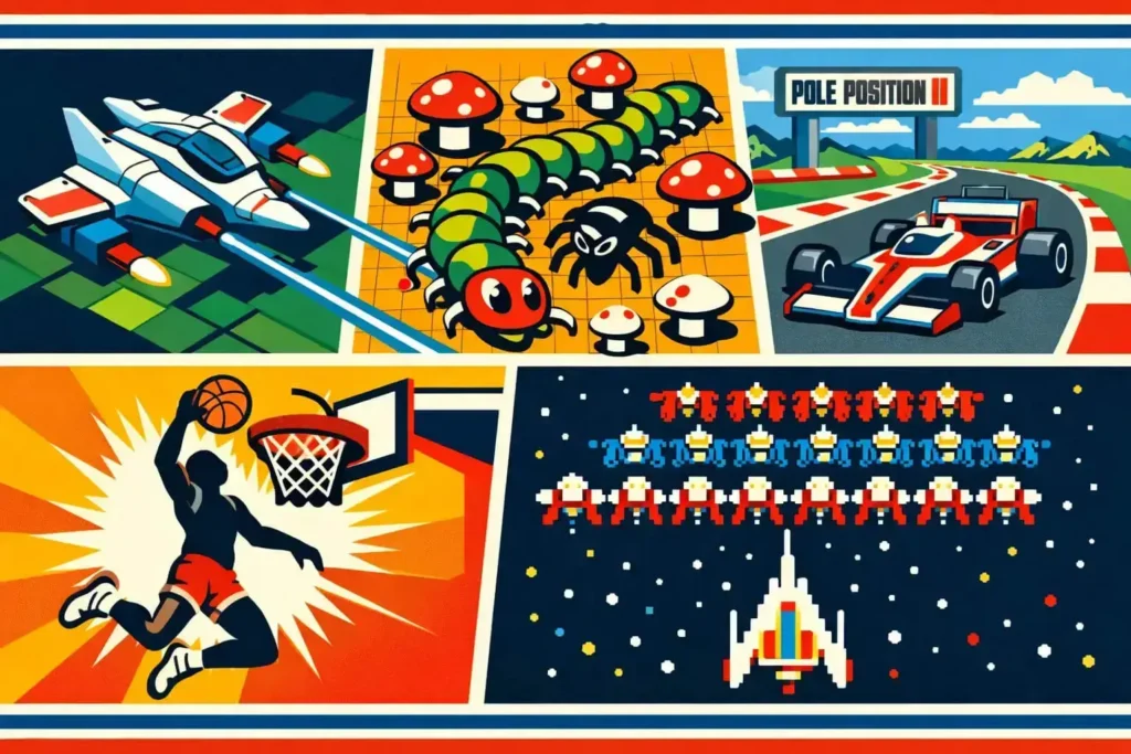 Collage of the best Atari 7800 games: Xevious ship, Centipede enemies, Pole Position II car, Dr J basketball dunk, and Galaga fighter formationCollage of the best Atari 7800 games: Xevious ship, Centipede enemies, Pole Position II car, Dr J basketball dunk, and Galaga fighter formation