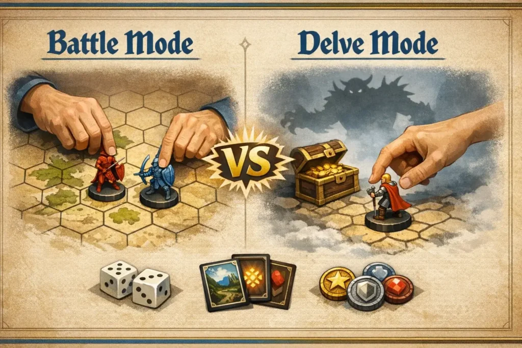 Elder Scrolls Call to Arms gameplay modes infographic comparing Battle vs Delve