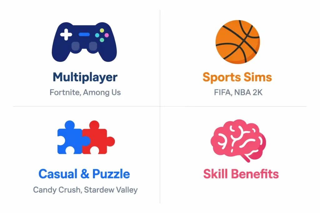 Infographic showing types of online games for teens: multiplayer, sports, casual, puzzle and their benefits