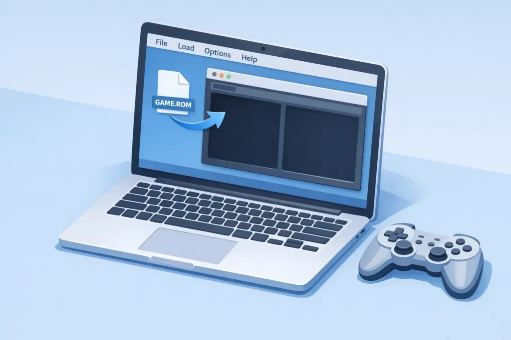 Visual guide on how to play Nintendo DS games online using an emulator and ROM files on a PC