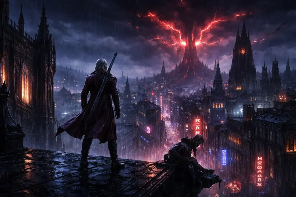 Devil May Cry infographic showing iconic weapons, characters, and the stylish rank system