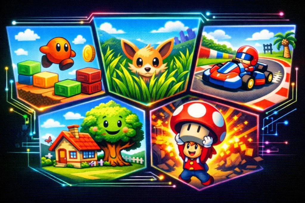 Collage of popular Nintendo DS game genres: platformer, RPG, racing, life simulation, and action games playable online