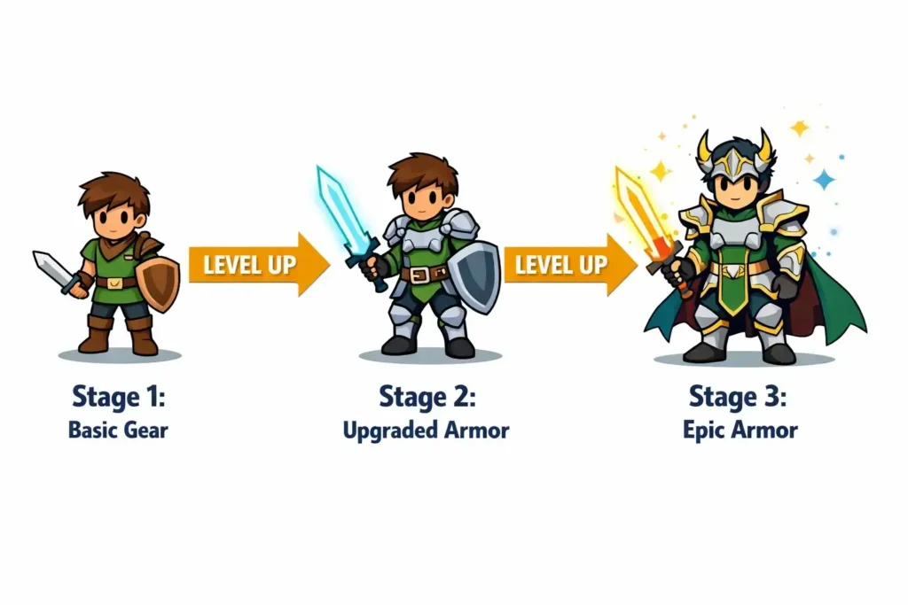 Hero progression visualization in idle RPG games showing character evolution through leveling up