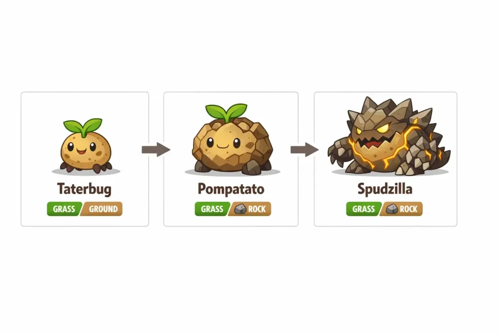 Evolution stages of a Potato Pokémon from Taterbug to Pompatato to final form Spudzilla