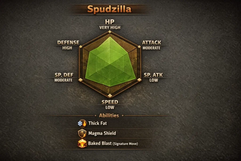 Battle stats and abilities infographic for a fan-made Potato Pokémon's final evolution, Spudzilla