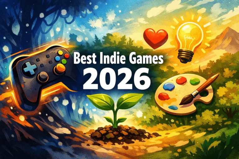 Best indie games of 2026 header featuring a controller, creative icons, and vibrant colors