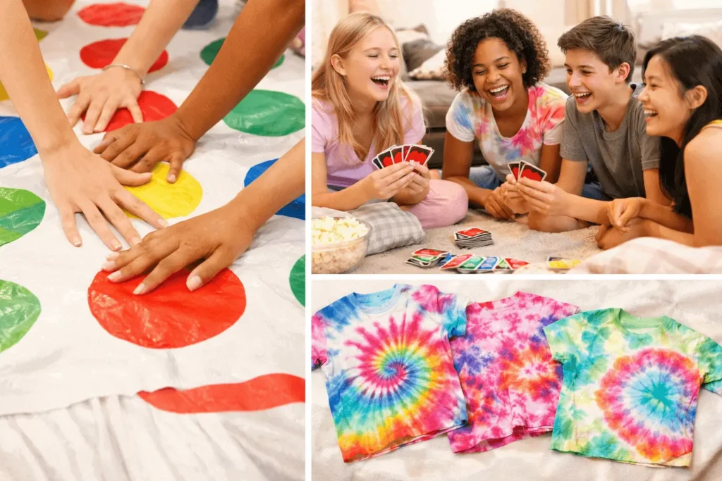 Fun sleepover games collage featuring Twister, board games, and craft activities for kids and teens