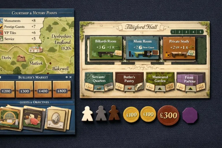 Obsession board game setup with Victorian-era components, cards, and tokens on a table