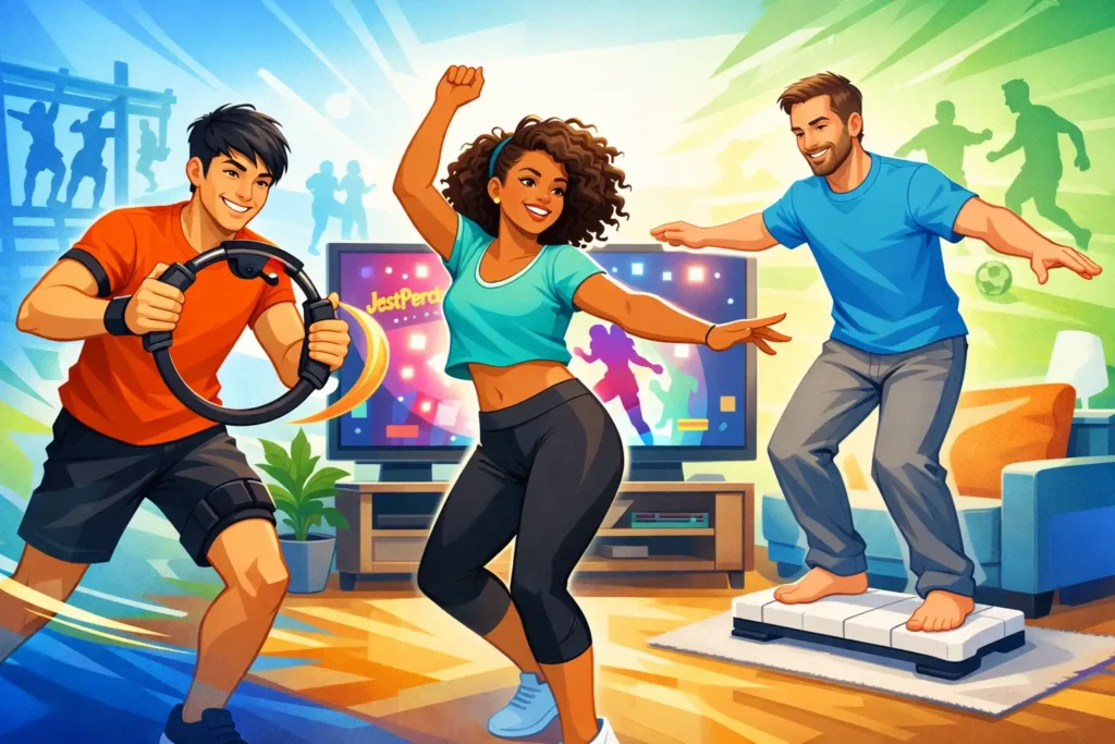 A lively collage of people playing the best off the couch games like Ring Fit Adventure, Just Dance, and Wii Fit in a living room.