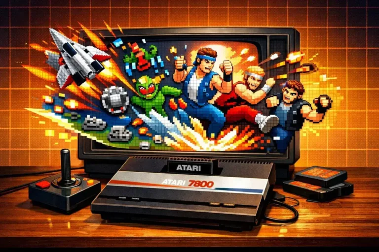 Atari 7800 console with classic game sprites from Xevious, Galaga, and Double Dragon exploding from the screen in vibrant pixel art style