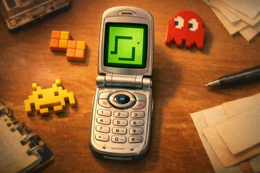 Classic flip phone open, playing the iconic Snake game, with retro game icons scattered around on a nostalgic background