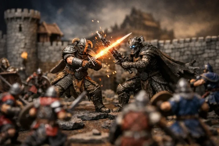 Elder Scrolls Call to Arms tabletop skirmish game with Dragonborn hero and Draugr miniatures in battle